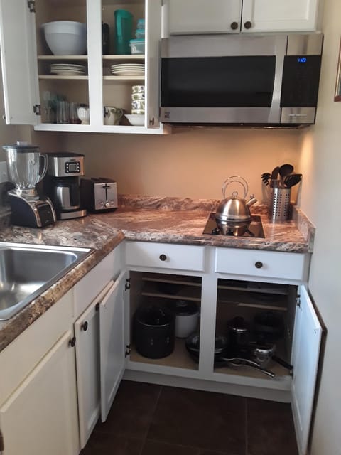 Large convection oven/microwave, 2 burner cooktop, fully equipped to cook