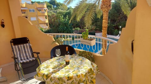 Pool and gardens from balcony. 