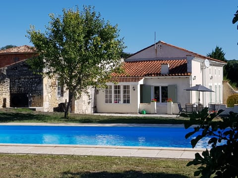 View of the house and terrace from across the heated pool