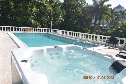 Spa at the pool side with BBQ pit roof  to the extreme left the pool 