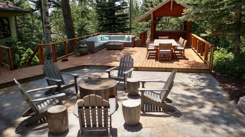 Outside deck; hot tub under cover; fire pit patio