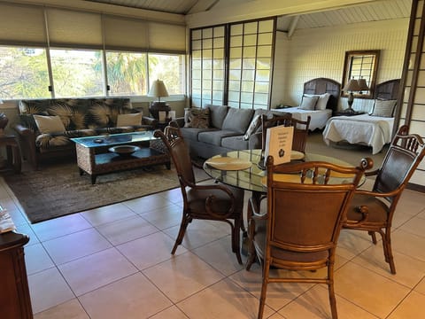 Open space of dining area,. living room, second bedroom with slidng doors