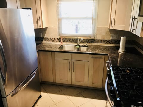 Full sized fridge and granite counters