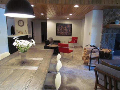 Rustic-modern decor; dining table for 8, TV area w/sleeper couch, breakfast bar