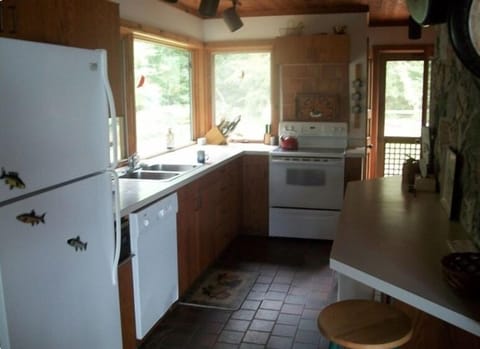 Kitchen with door to sunny patio and grill