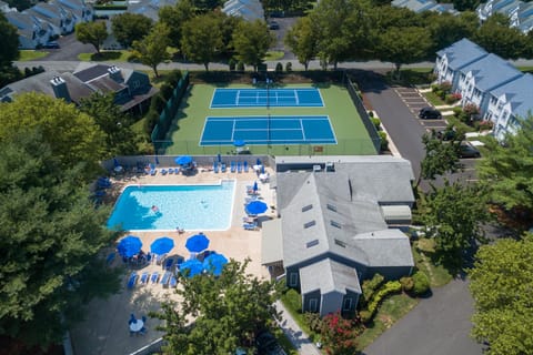 Ariel View of the Largest of our 3 Pools, Tennis Courts, and Clubhouse