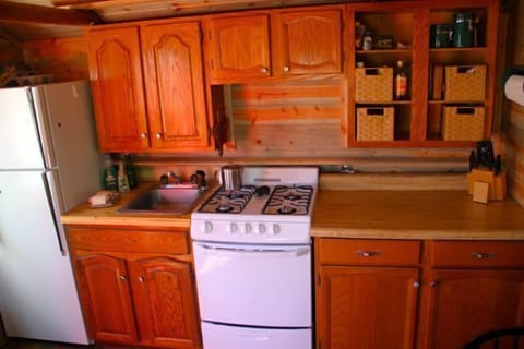 Roomy kitchen with full fridge, microwave, stove, eating/cooking utensils