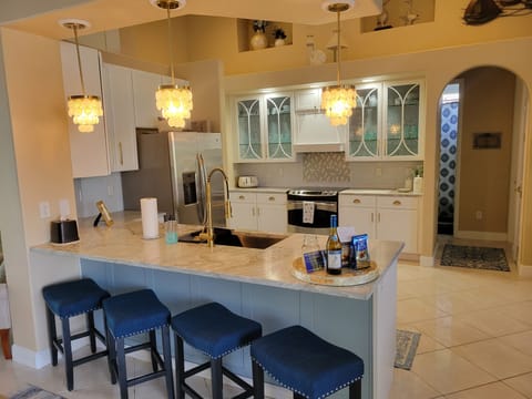 Costal Pendants and Large 
Peninsula w/ Gorgeous Marble Countertop