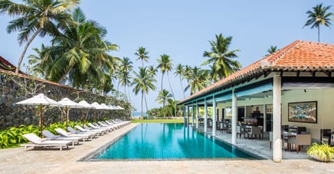 Outdoor pool, pool umbrellas, sun loungers