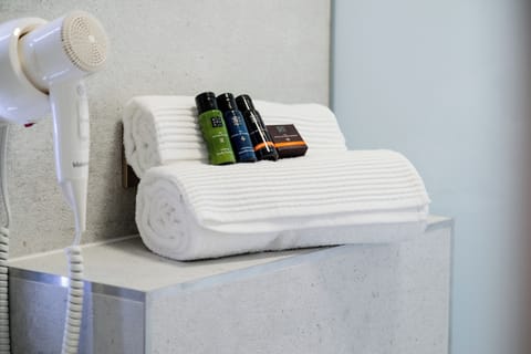 Shower, rainfall showerhead, eco-friendly toiletries, hair dryer