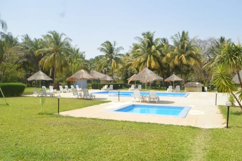 Outdoor pool, pool umbrellas, sun loungers