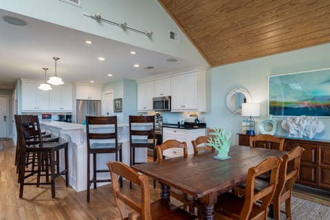 The dining table seats 8