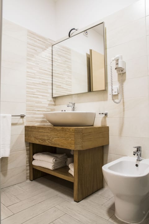 Shower, hair dryer, bidet, towels