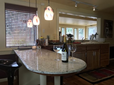 Granite counter tops, cozy bar area