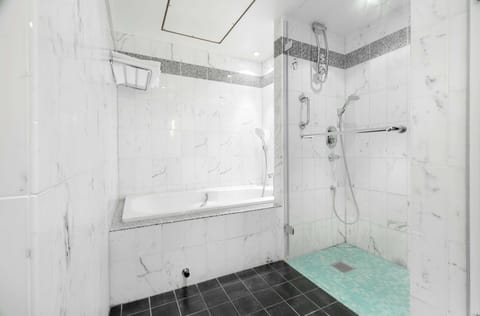Combined shower/tub, hair dryer, towels