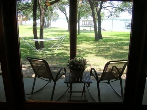 View from one of two large picture windows in the great room, dock at center top