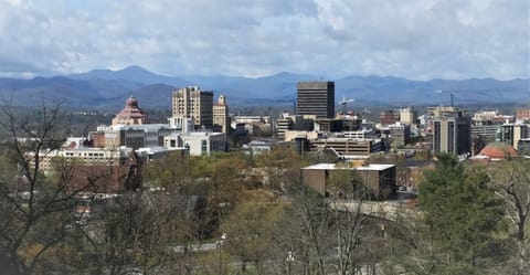 Lovey view of both downtown Asheville & the Blue Ridge Mountains from main deck