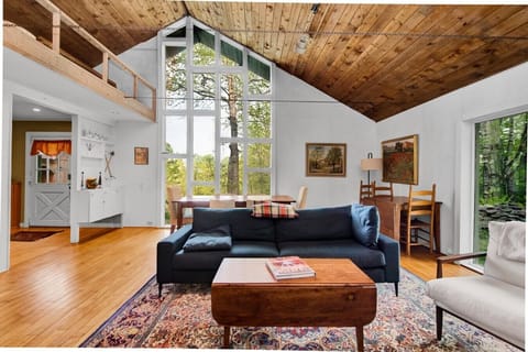 Living room with wall of windows and soaring cathedral ceiling