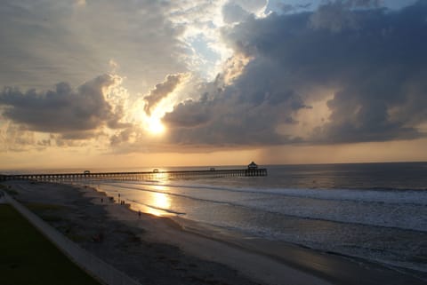 Sunrise over the pier from our private balcony.