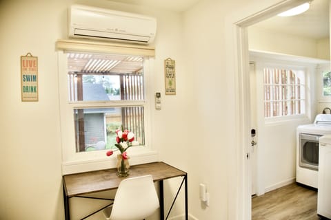 Desktop table facing backyard