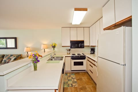 The kitchen is fully equipped for preparing meals from the condo.
