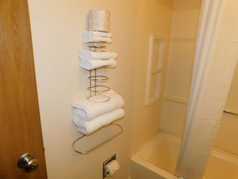 Shower, rainfall showerhead, free toiletries, hair dryer