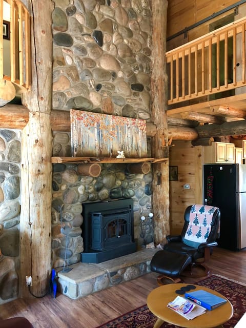 Fabulous cobble fireplace wall.