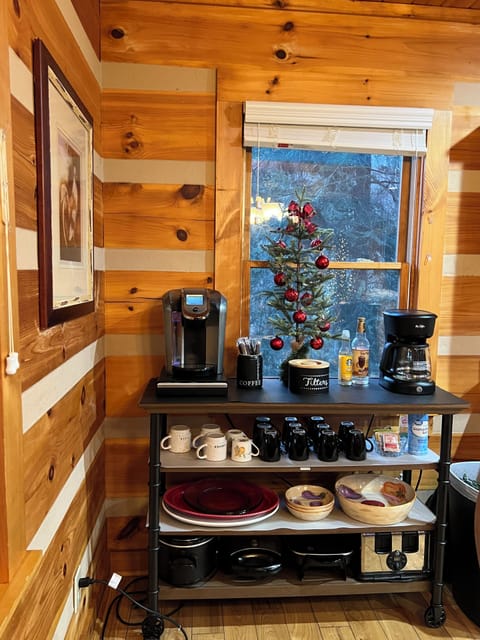 Coffee Bar with Kuerig and regular coffee maker.