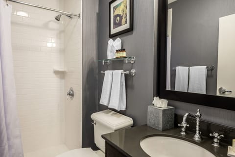 Combined shower/tub, free toiletries, hair dryer, towels