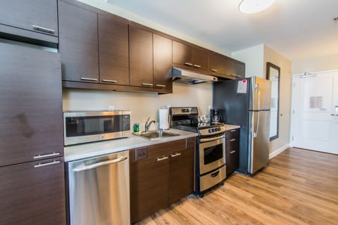 Full-size fridge, microwave, stovetop, dishwasher