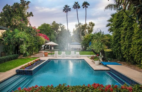  the 1/2  acre backyard captured through the haze of the pool's hidden fountain.
