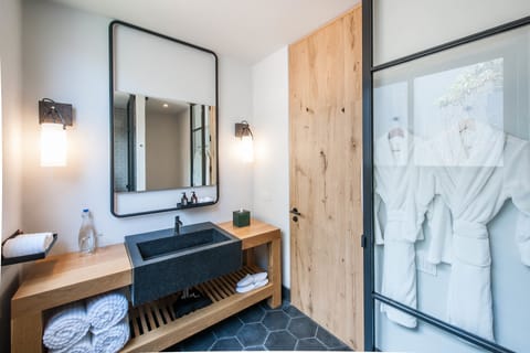 Hair dryer, bathrobes, towels, soap