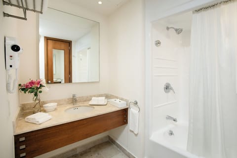 Combined shower/tub, free toiletries, hair dryer, towels