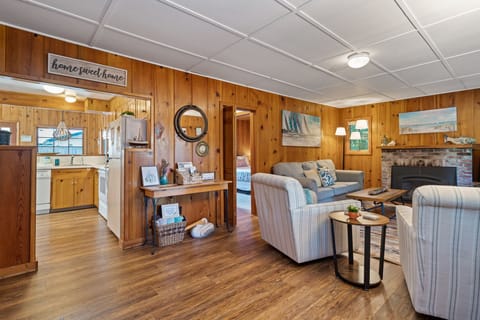 The kitchen is just off the living room