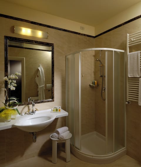 Hair dryer, slippers, towels, soap