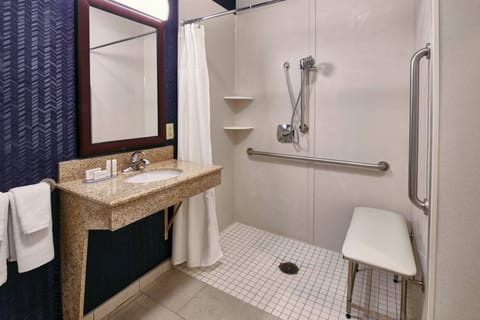Combined shower/tub, free toiletries, hair dryer, towels