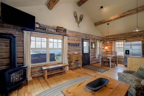 Large open living room with fireplace, Smart TV, views, open to kitchen & dining