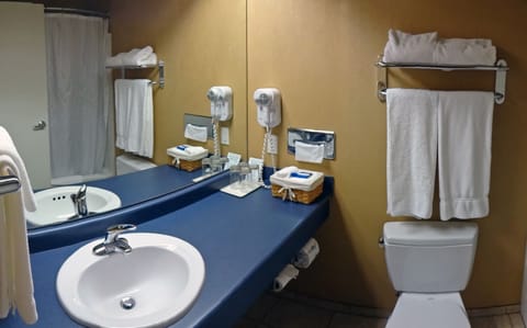 Combined shower/tub, free toiletries, hair dryer, towels