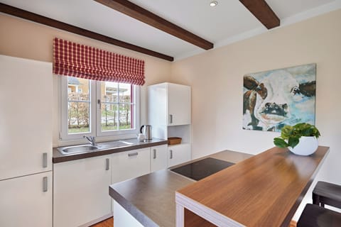 Full-size fridge, oven, stovetop, dishwasher