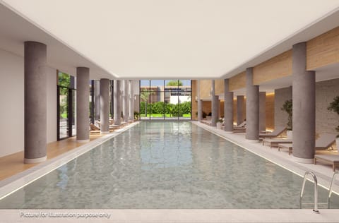 Indoor pool, outdoor pool, pool umbrellas