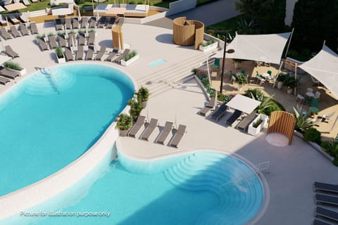 Indoor pool, outdoor pool, pool umbrellas