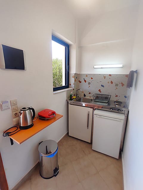 Fridge, stovetop, coffee/tea maker, electric kettle