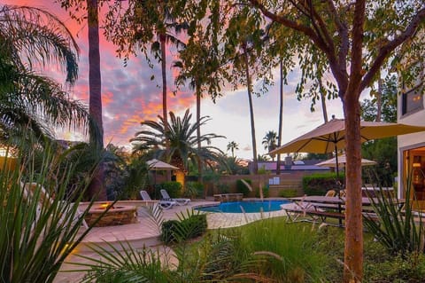 Private pool with fire pit