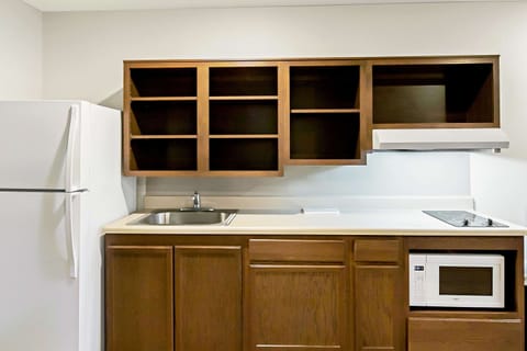 Full-size fridge, microwave, stovetop, freezer