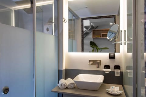 Combined shower/tub, free toiletries, hair dryer, bathrobes