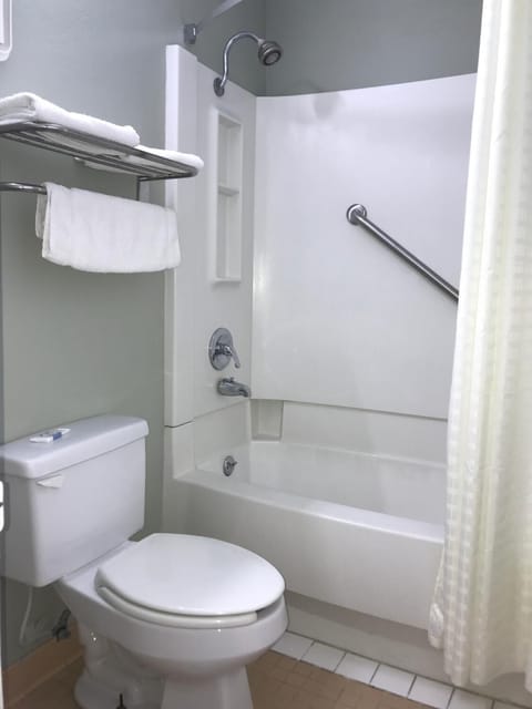 Combined shower/tub, free toiletries, hair dryer, towels
