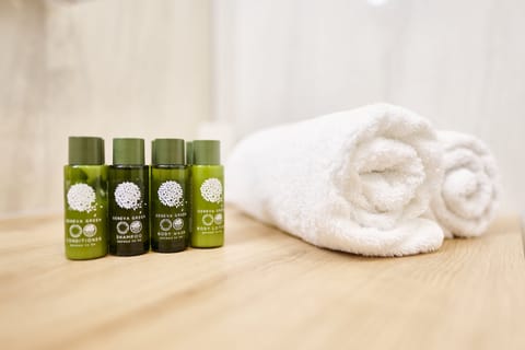 Shower, rainfall showerhead, free toiletries, hair dryer