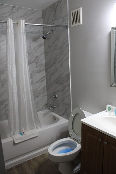 Combined shower/tub, deep soaking tub, free toiletries, towels