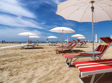 Beach nearby, sun loungers, beach umbrellas, beach towels