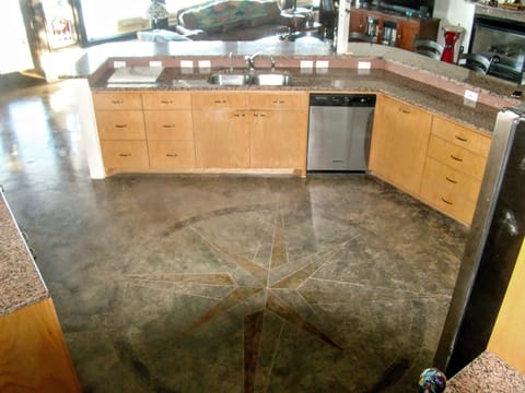 Kitchen View Stained Etched Concrete Floors